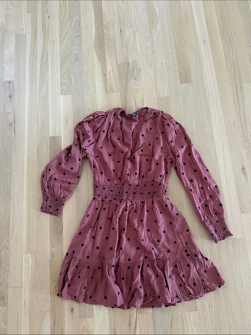 Zara Dusty Rose Polka Dot Smocked-Waist Long Sleeve Dress